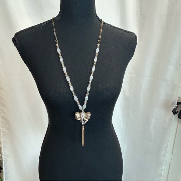 ELEPHANT hammered gold-tone crystal rhinestone dangling chain beaded necklace - Picture 5 of 6
